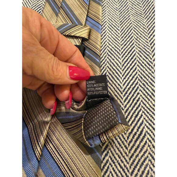 Paul Dione Mens Handmade Striped Tie Gold & Blue 100% Silk Shell - Picture 5 of 7